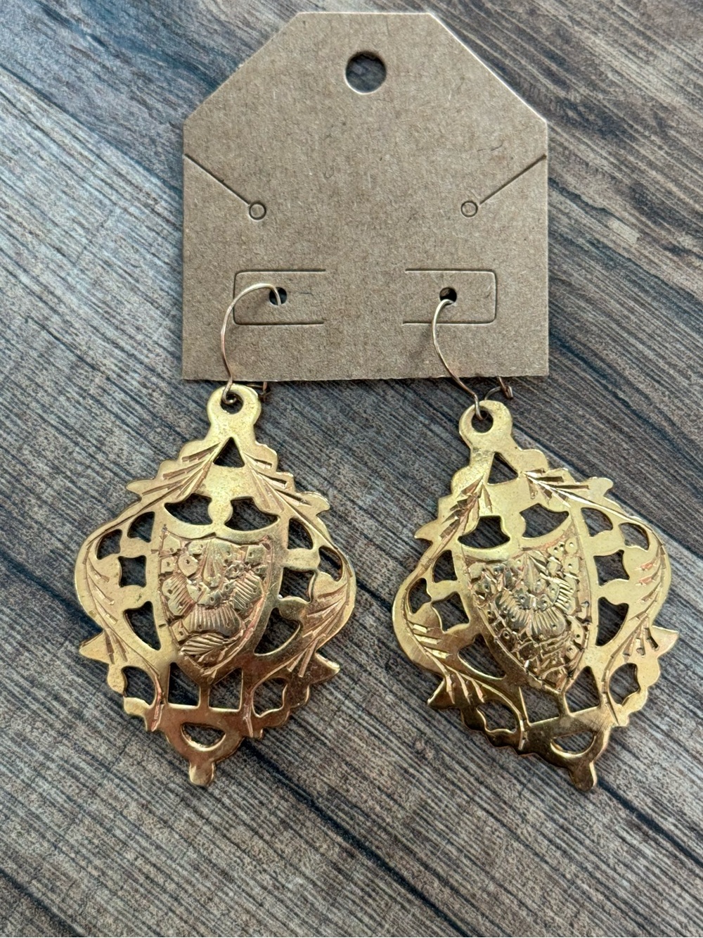 Vintage Brass Shield Dangle Earrings Stamped India E560 Boho Filigree Medallion